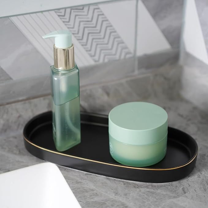 10x5 Bathroom Vanity Tray, Oval Ceramic Decorative Perfume Candle Tray for Bathroom/Kitchen Counter, Black
