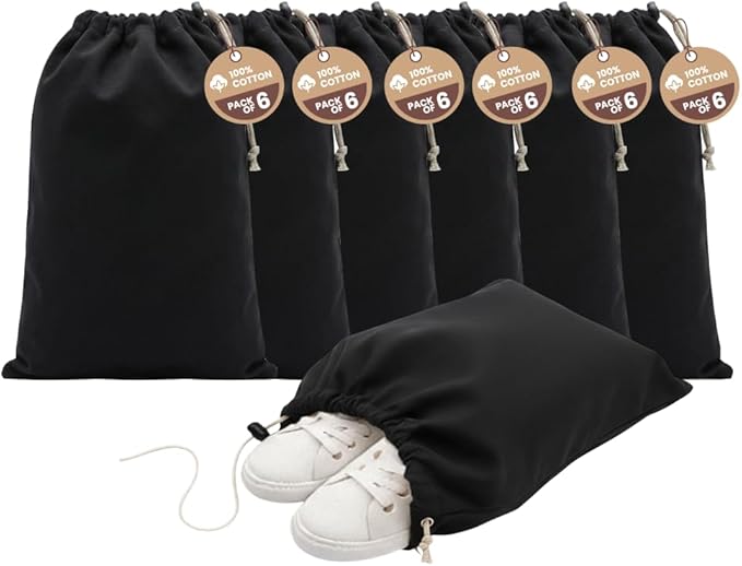 LFH Cotton Shoe Storage Bags with Drawstring, Dustproof Breathable Reusable Organizer, Perfect For Travel, Dorm, Hotel, College, Gym, Easy to Carry, Machine Washable 8"x17" (Pack of 6) - Black sand