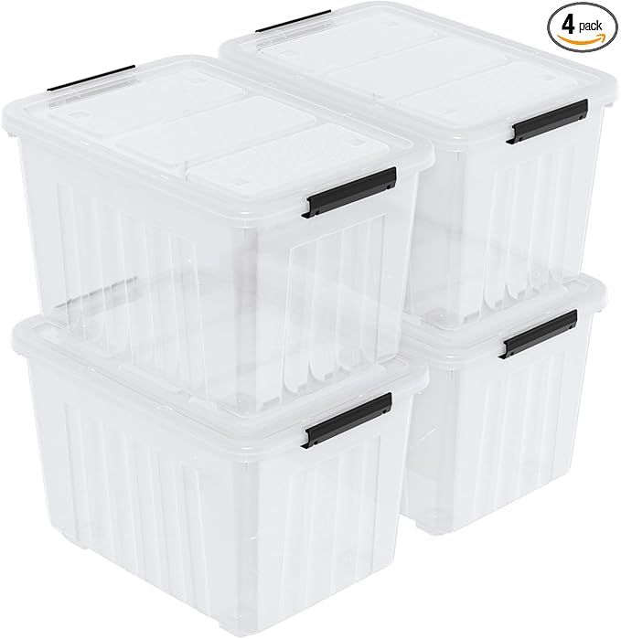 70 Quart Large Plastic Storage Boxes with Wheels, Clear Latching Box, 4 Packs