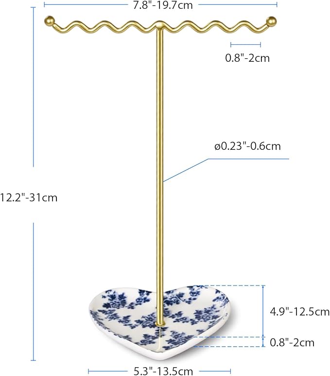 Elegant Jewelry Holder Tree Stand with Ceramic Tray - Metal Necklace Holder Organizer for Rings Bracelets Earrings - Tangle Free, Rustproof Decorative Display for Vanity Dresser Blue and White