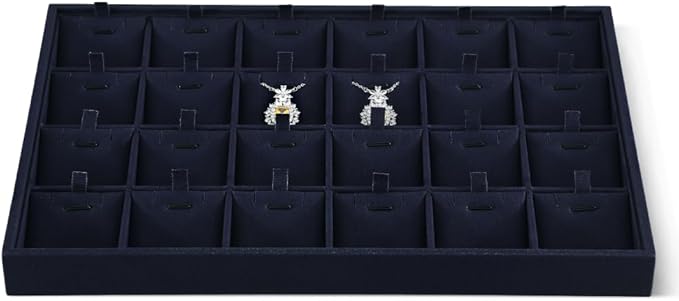 Linen Stackable Necklace Storage Tray, 24 Grid Pendant Display Tray, Jewellery Shop Counter Showcase Table Top Organizers, Makeup Table Drawer Insert Jewelry Tray