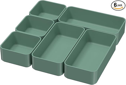 6 Pcs Stackable Drawer Organizer Set Desk Drawer Dividers, Bathroom Vanity Cosmetic Makeup Trays , Multipurpose Plastic Storage Bins for Jewelries, Kitchen Gadgets and Office Accessories, Green