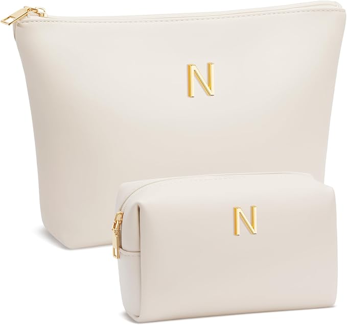 Valentine's Day Gifts for Women Girlfriend Initial Makeup Bag for Teen Girls Personalized Gifts for Friend Teacher Mom Wife Cosmetic Travel Toiletry Bag(Beige,N)