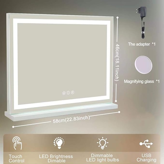 Sucedey Vanity Mirror with Lights, 23" x 18" Makeup Mirror, Hollywood Mirror with 3 Color Modes & Adjustable Brightness, Detachable 10x Zoom Mirror and USB Charging Design (White)