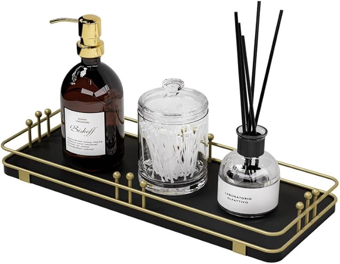Bathroom Vanity Tray for Countertop Toiletries Perfume Makeup Soap Dispenser Toilet Tank, Kitchen Tray for Salt Spice, Decor Tray for Candle Nightstand Coffee 11.3”x 4.4” Black-Gold
