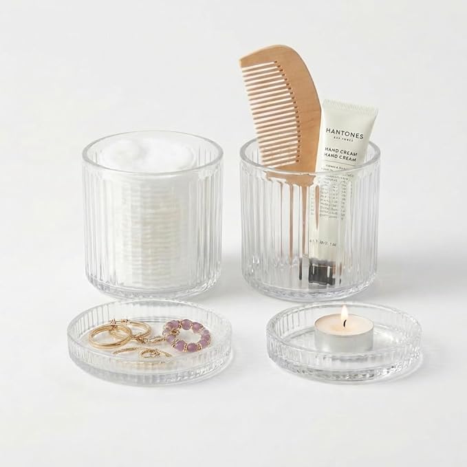 SheeChung 4-Pack Ribbed Glass Apothecary Jars - Clear Qtip Holder Dispenser Set - Bathroom Accessories Organizer for Cotton Swabs, Balls, Pads - Modern Farmhouse Decor