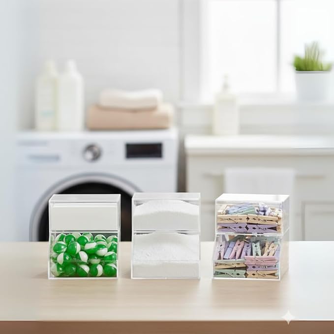 2-Compartment Acrylic Storage Container, Laundry Pods and Dryer Sheet Dispenser, Clear Dishwasher Pod Holder with Lid