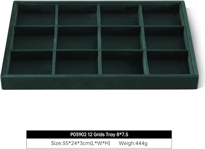 Velvet Stackable Jewelry Display Tray, 12 Grid Watch Bangle Bracelet Storage Tray, Makeup Drawer Insert Jewelry Shop Organizer Plate (Green)