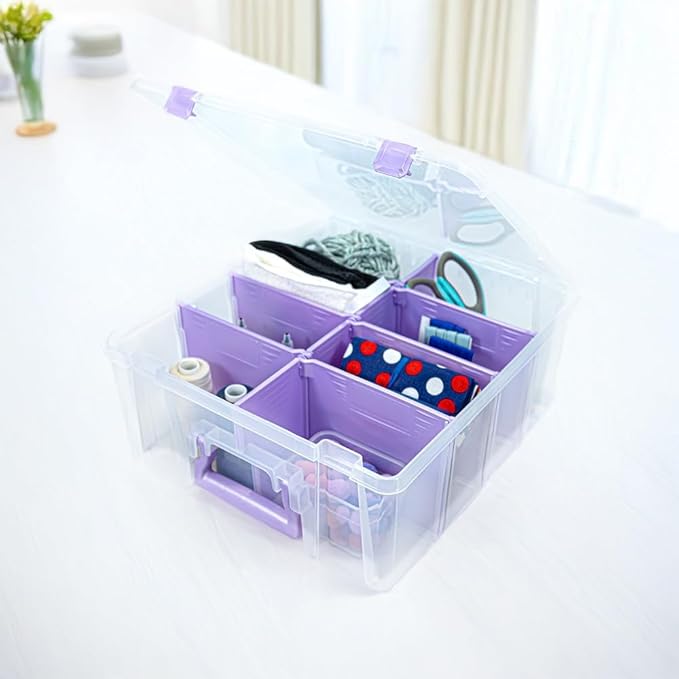 ArtBin Super Satchel Double Deep Compartment Box with Purple Accents in a 3 Pack - Art Storage with 8 Removable Compartments, Smart Closure for Craft Supplies (Purple - Pack of 3)