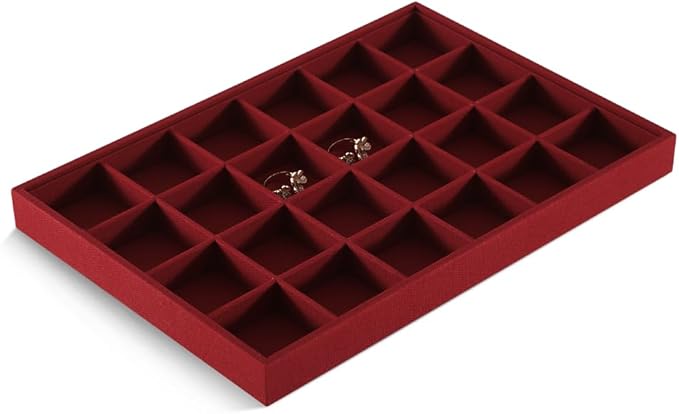Linen 24 Grid Stackable Rings Earrings Display Tray, Brooch Ear Stud Cufflinks StorageTray, Jeweler Shop Counter Showcase Table Top Organizers, Makeup Table Drawer Insert Jewelry Tray