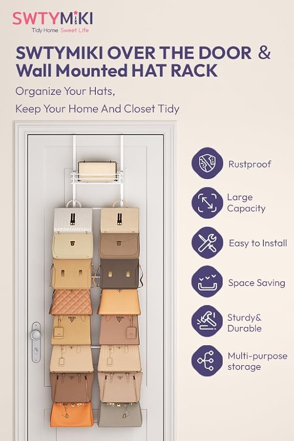 SWTYMIKI Over the Door Purse Organizer - Wall Mounted Handbag Organizer with 16 Hooks and Metal Basket, Hanging Purse Storage Rack Holds up to 16 Bags, Bag Rack Can Use As 1/2 Part, for Door, Closet