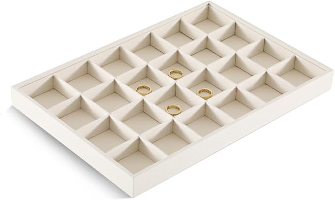 Linen 24 Grid Stackable Rings Earrings Display Tray, Brooch Ear Stud Cufflinks StorageTray, Jeweler Shop Counter Showcase Table Top Organizers, Makeup Table Drawer Insert Jewelry Tray