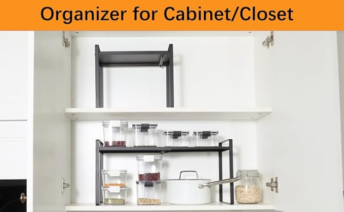 2 Pack Expandable Cabinet Shelf Organizer Riser for Kitchen Pantry Cupboard Under Sink Countertop (2 Pack 8.2’’D * 12.2-21.6’’W * 10.4’’H) (Black)