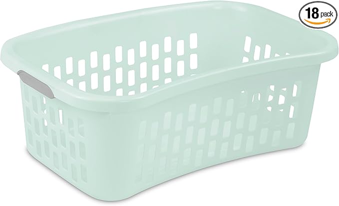 Sterilite 18 Pack HipHold Laundry Basket, Plastic Rectangle Clothes Hamper with Comfort Grip Handles & Reinforced Rim, 1.5 Bushel Capacity, Mint