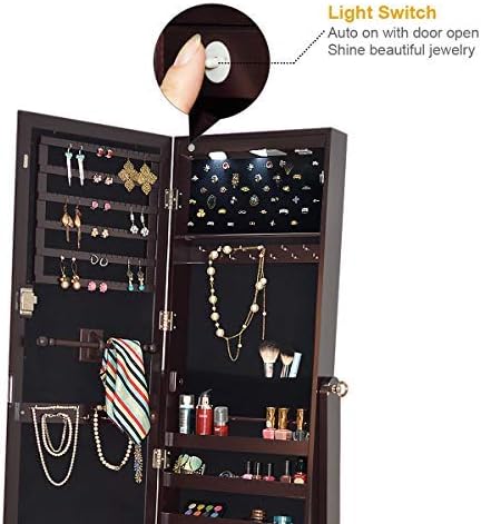 GOFLAME Jewelry Cabinet Mirror with LED Lights Two Drawers Lockable Standing Jewelry Armoire Organizer Large Capacity Jewelry Holder Organizer Storage (Brown)
