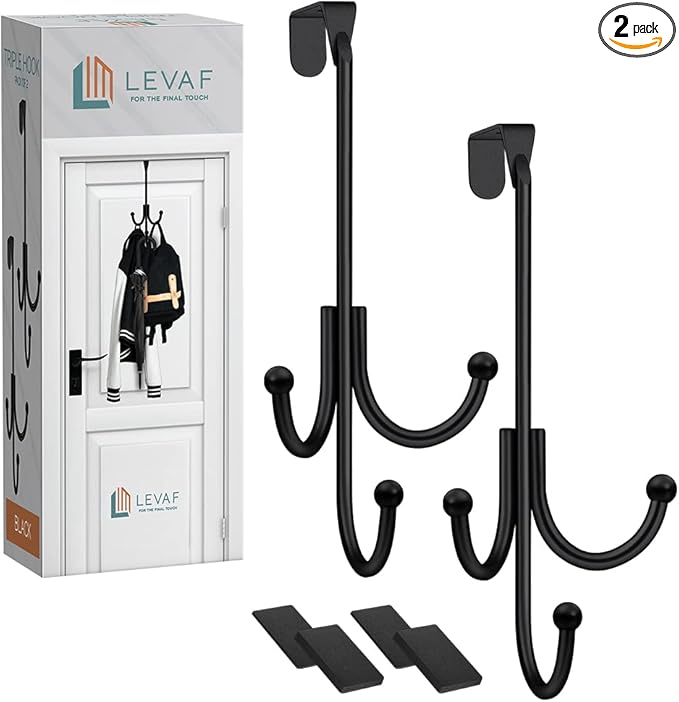 2-Pack Over The Door Hook - with 3 Hang Heads & Snug Fit Pads- 2Pcs Heavy Duty Hooks for Hanging Coats, Towels, Caps & Robes - Elegant Matt Finish - No Drill Hanger Organizer - Black