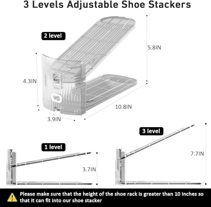 10 Pack Clear Shoe Slots Organizer - Adjustable Height 3.7''to 7.7'' Shoe stackers for a pair of shoes ,Shoe rack storage shoe space saver 50%,Easy to assemble shoe hold shoe organizer for cloest