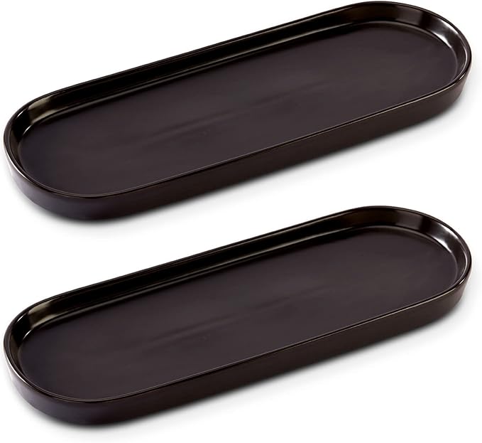 Ceramic Sink Tray, Bathroom Counter Tray, Bathtub Tray, Cosmetics Dish, Candle Tray, Perfume Shampoo Liquid Soap Tray Simple Style Design Suit for Bathroom and Kitchen (2pcs Black)