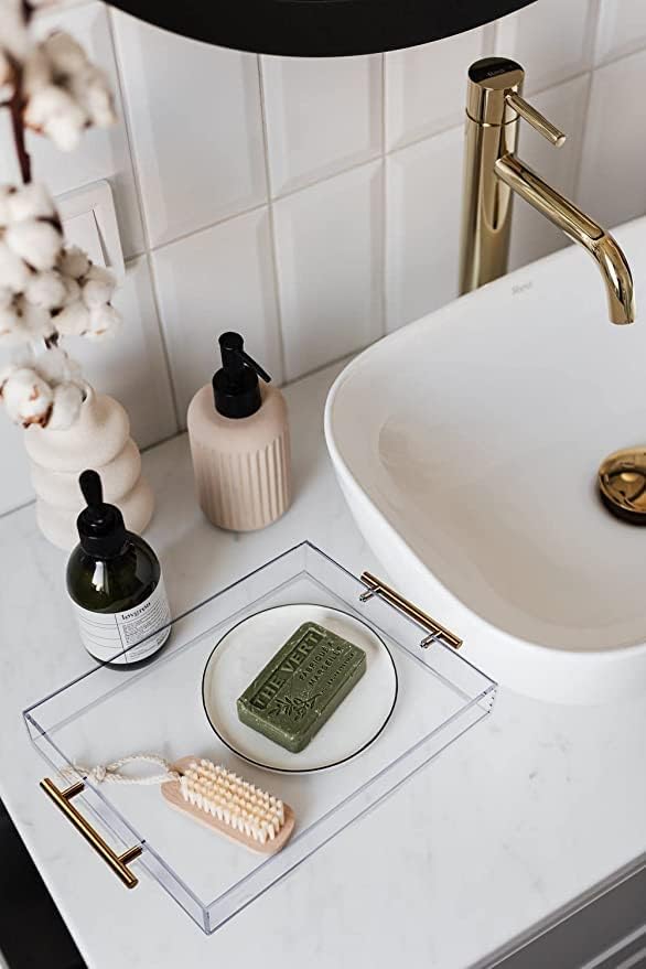 11"x14" Clear Acrylic Serving Tray with Golden Handles, Sturdy Huge Capacity Acrylic Tray for Coffee, Juice, Kitchen and Desk Organizer (11"x14")