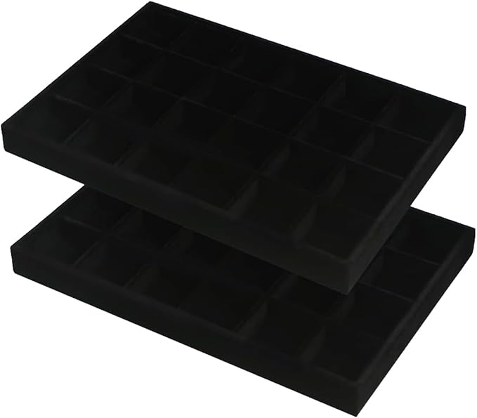 2pcs/Set Velvet Jewelry Tray, 24 Grids Large Storage Tray for Bracelet Bangle Beads Display, Jewellery Organizer Box Tray for Home Drawer or Shop Store Selling Show (Black Velvet)