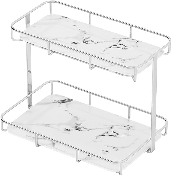 Bathroom Organizer Countertop Perfume Organizer Makeup Organizer Cosmetics Storage Display Rack Vanity Tray Dresser Stainless Steel Gold Shelf White Marble Ceramic Tray (2 Tier L-Sliver) | Perfume Organizer, Makeup Organizer, Cosmetics Storage, Vanity ...