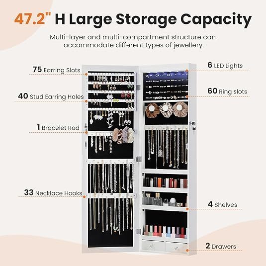 Large Capacity Wall-Mount Jewelry Armoire with LED Lights & Lock - 47.2" Tall Mirror Organizer Cabinet, 6 LEDs, Door-Hanging Design (White)