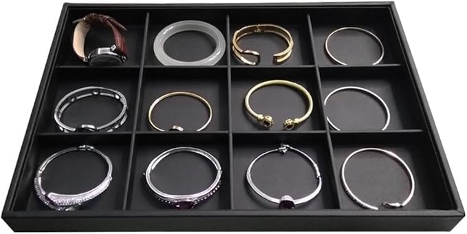12 Grids Black Leather Jewelry Trays Stackable Jewelry Organizer Trays For Drawer Bracelet Earring Display Watches Brooches Display (Black)