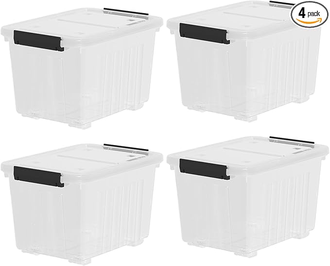 4-Pack 35 Quart Plastic Storage Bin with Secure Lid and Latching Buckles, Stackable Wheeled Container Box