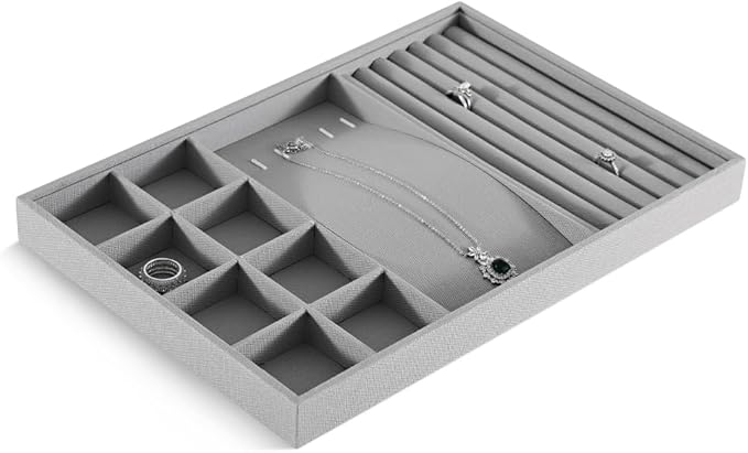 Linen Stackable Multifunctional jewelry Display Tray, Ring Earring Bracelet Necklace Storage Tray, Jewellery Shop Counter Showcase Table Top Organizers, Makeup Table Drawer Insert Jewelry Tray