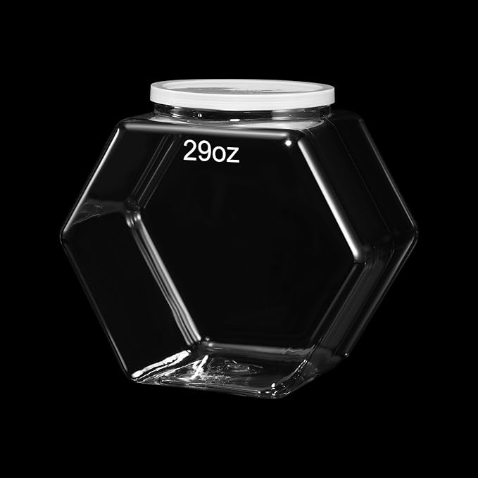Uiifan 1 Piece Plastic Candy Jar with Lid Cookie Jar Clear Hexagonal Fish Bowls Containers for Snacks, Dog Food, Desk Pet, Craft and Sewing Supplies, Coffee Pod, Laundry Pod Storage Display(29 oz)