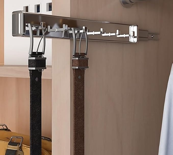 6-Hook Designer Wardrobe Reversible 13.75" Length Closet Belt Rack with 12" Retractable Pullout Extension and Installation Hardware (Polished Chrome)