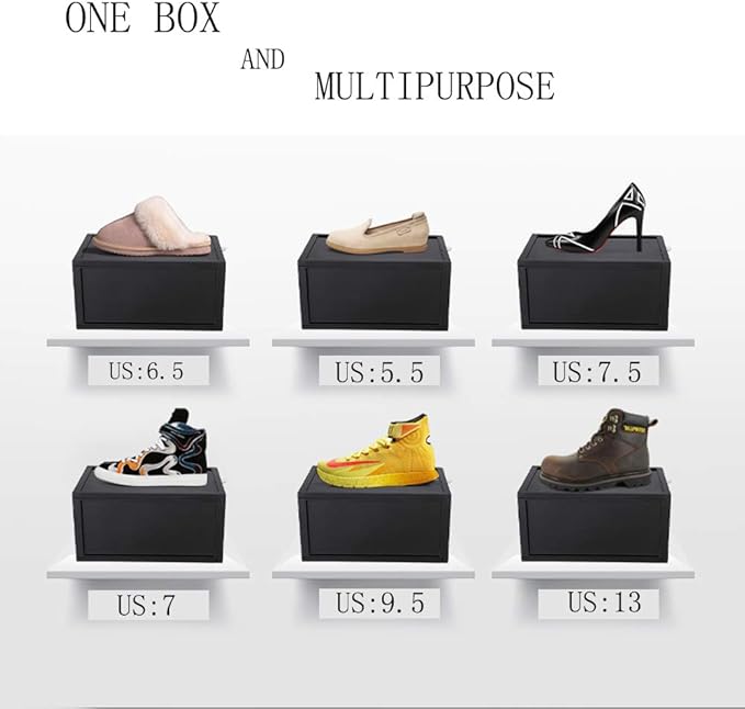AOTENG STAR Black Storage Shoes Box Womens Mens Shoe Storage Display Box Plastic Foldable Stackable Shoe Container Clear Closet Shelf Shoe Organizer-6 Pack
