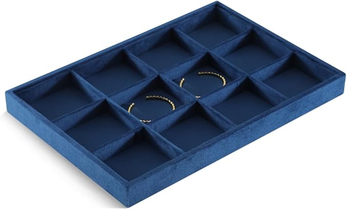 Velvet Stackable Jewelry Display Tray, 12 Grid Watch Bangle Bracelet Storage Tray, Makeup Drawer Insert Jewelry Shop Organizer Plate (Blue)