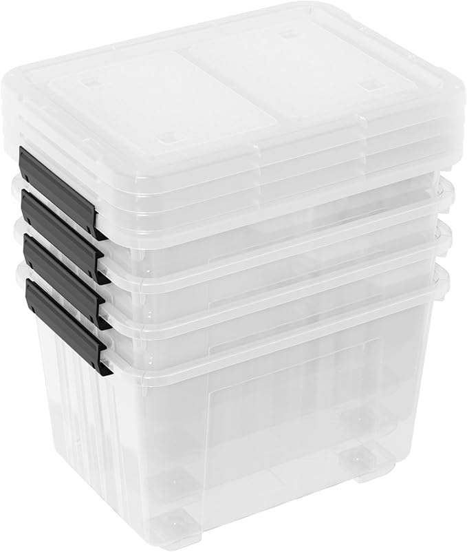 4-Pack 50 Quart Plastic Storage Bin Box Organizing Container with Lid and Secure Latching Buckles, Stackable Wheeled Box, Clear
