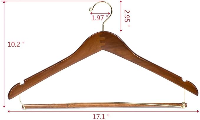 10 Quality Hangers Curved Wooden Hangers Beautiful Sturdy Suit Coat Hangers with Locking Bar Gold Hooks Walnut Finish (10)
