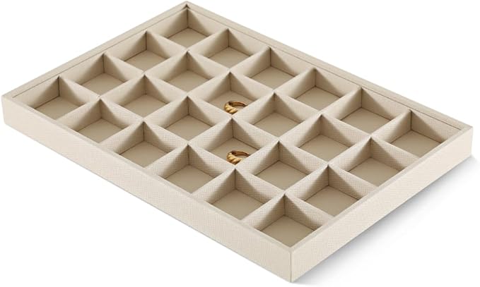 Linen 24 Grid Stackable Rings Earrings Display Tray, Brooch Ear Stud Cufflinks StorageTray, Jeweler Shop Counter Showcase Table Top Organizers, Makeup Table Drawer Insert Jewelry Tray