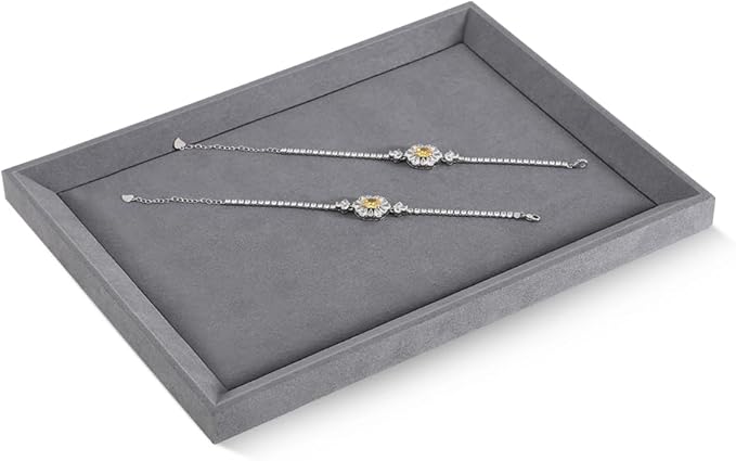 Premium Grey Velvet Jewelry Organizer - Flat Tray for Watch, Necklace, Ring, Pendants