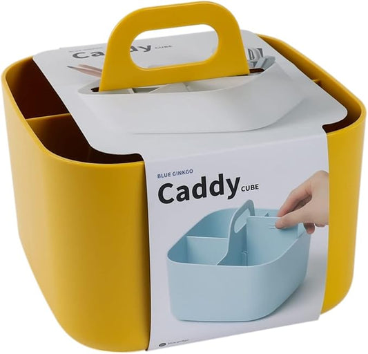 BLUE GINKGO Small Stackable Organizer Caddy – Korean-Made Portable Tote for Bathroom, Office, Crafts, or School Supplies (Square, Yellow)