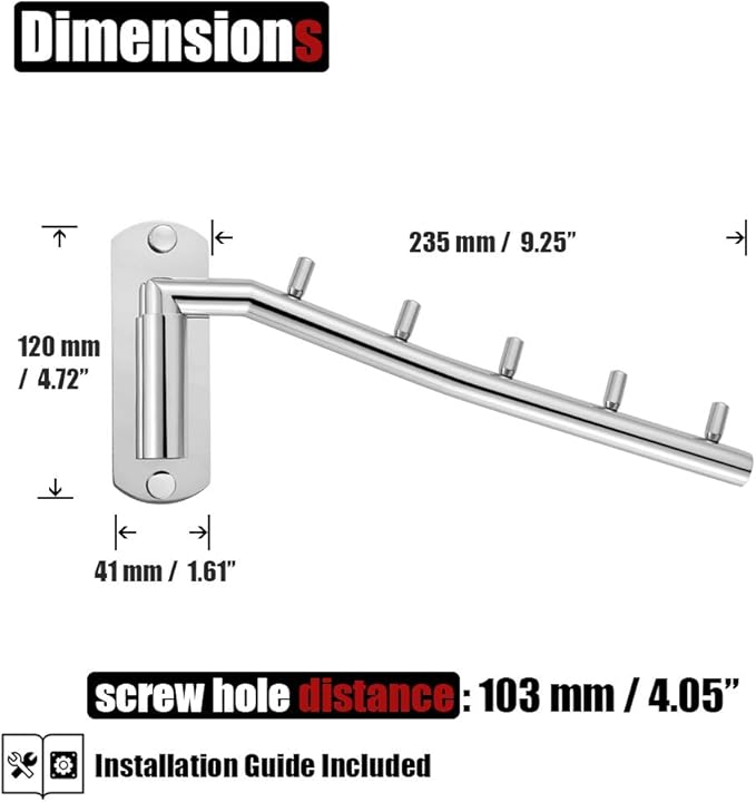 JQK Folding Clothes Hanger Rack, Stainless Steel Swing Arm Hook Holder, Clothing Hanging System Drying Closet Storage Organizer Chrome Wall Mount, SHR100-CH