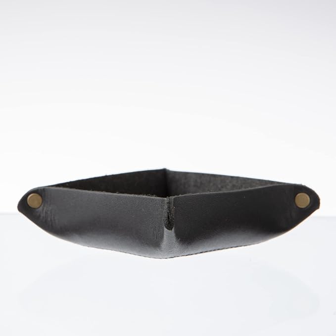 USA Handmade Premium Leather Valet Tray, Jewelry Organizer With Brass Rivets (Ebony Black, Mini)