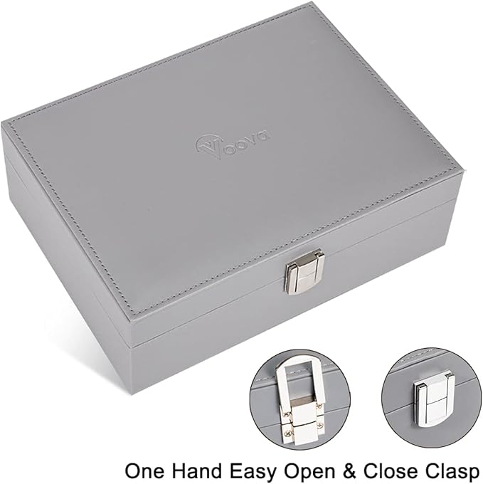 Voova Jewelry Box Organizer for Women Girls,2 Layer Large Men Jewelry Storage Case, PU Leather Display Jewellery Holder with Removable Tray for Necklace Earrings Rings, Grey
