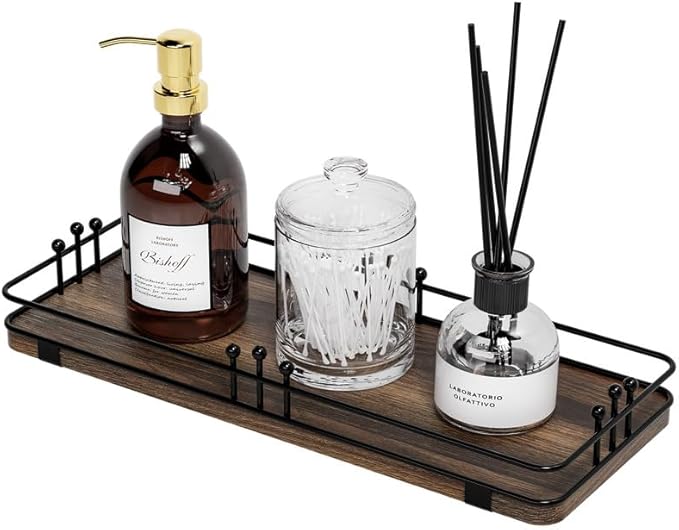 Bathroom Vanity Tray for Countertop Toiletries Perfume Makeup Soap Dispenser Toilet Tank, Kitchen Tray for Salt Spice, Decor Tray for Candle Nightstand Coffee 11.3”x 4.4” Brown-Black