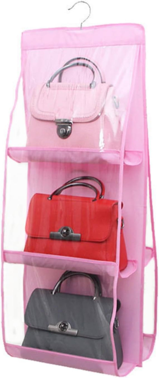 HAN SHENG 6 Pockets Clear Handbag & Purse Organizer Hanging Bag Storage - Space Saving Hanging Shelf for Closet, Wardrobe, Over Door (1 Pack, Pink)
