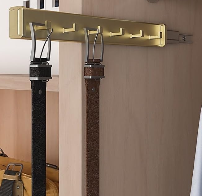 6-Hook Designer Wardrobe Reversible 13.75" Length Closet Belt Rack with 12" Retractable Pullout Extension and Installation Hardware (Matte Brass)