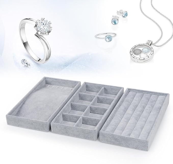 Oirlv Velvet Drawer Jewelry Organizer Tray 4 in 1 Stackable Necklace Ring Jewelry Organizer Trays (Multifunction,14x9.5inch)