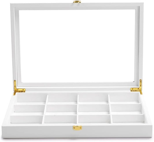 Oirlv White 12 Gird Jewelry Organizer Tray with Acrylic Lid Premium Leather Jewelry Box with Transparent Lid Bracelet Bangle Watch Display Case