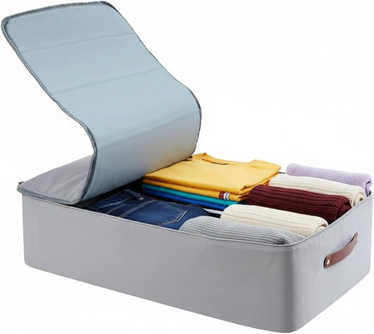 Under Bed Storage Container – Foldable Underbed Storage Bin for Clothes & Bedding, Canvas Under Bed Storage Box with Lid, Low Profile 8″ Organizer with Handles