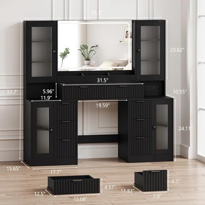 Fluted Makeup Vanity Desk with Mirror and Lights, 55" Glass Top Vanity with 8 Drawers & 4 RGB Glass Cabinets, Adjustable Shelves & Power Outlet, Modern Dressing Table Set for Women Girls Bedroom