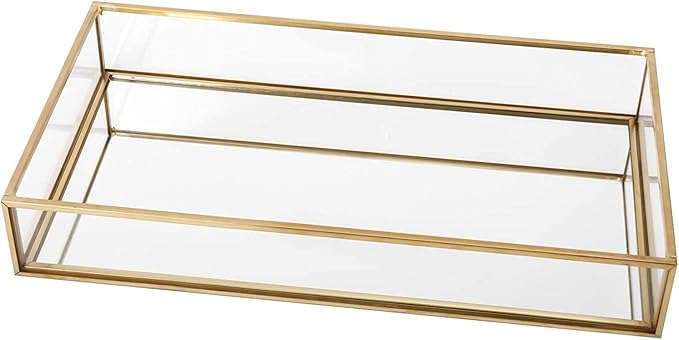 HighFree Rectangle Gold Mirror Tray, Decorative Glass Mirrored Vanity Tray for Perfume, Cosmetics, Makeup, Trinket, Jewelry (11.8x7.9x2)