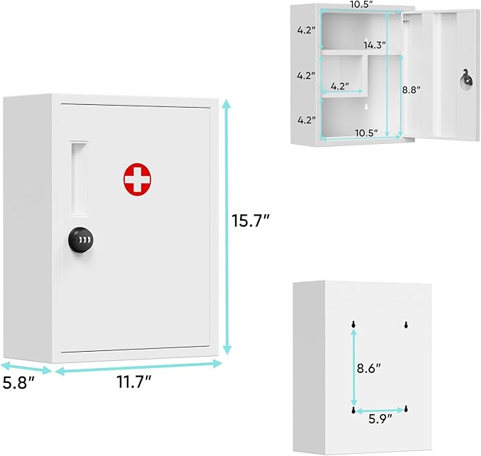 Locking Medicine Cabinet, Empty Metal Medicine Storage Box Wall Mount with All-Metal Digit Lock Keyless, Bathroom Cabinet Organizer Over The Toilet, First Aid Box for Home School Business